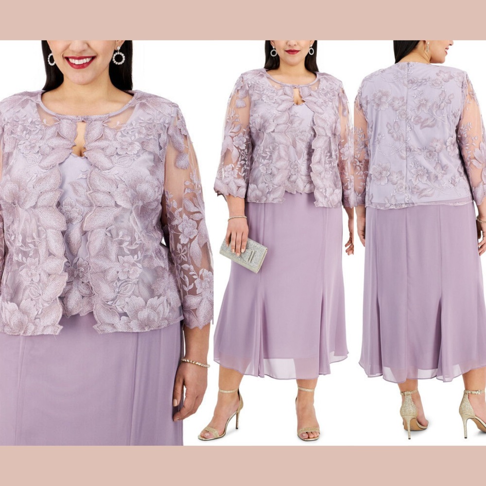 NWT Alex Evenings [ Plus Size 14W ] Midi‎ Dress With Jacket Smokey Orchid #Q1164